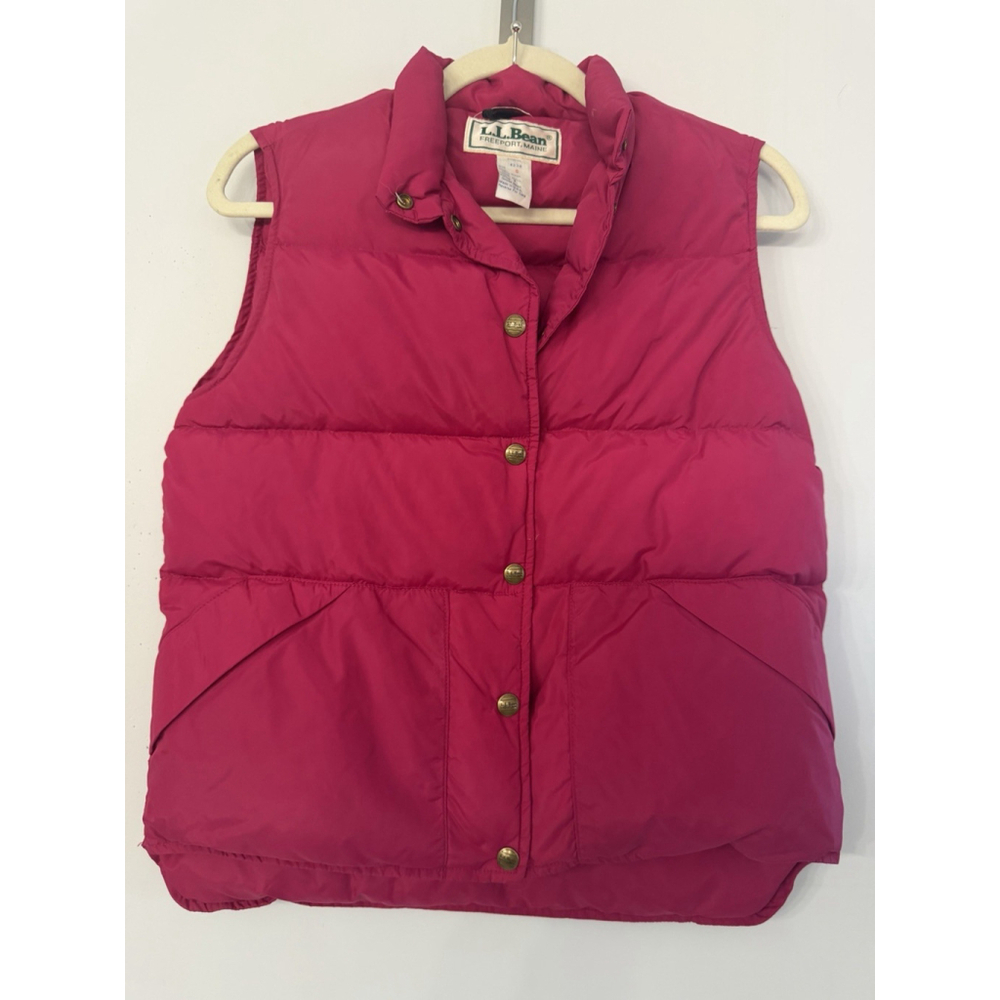 VTG LL Bean Puffer Vest Womens Small Pink Quilted Goose Down Snap Up USA Made